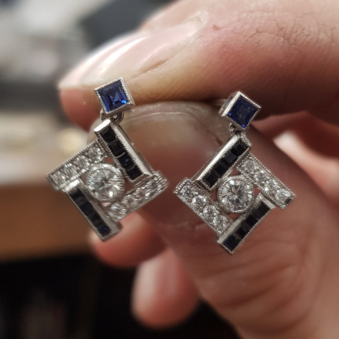 Deng's Diamond and Sapphire Art Deco Earrings